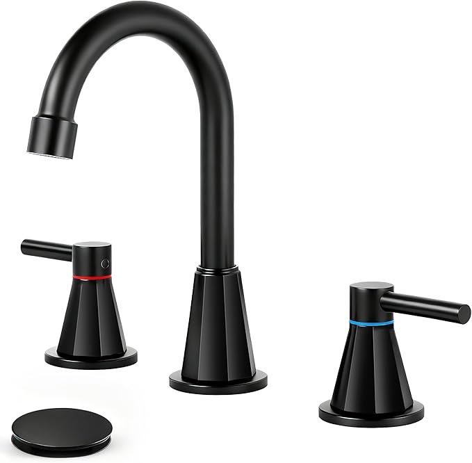 Bathroom Faucet 3 Hole,Mater Black Bathroom Sink Faucet with 360°Swivel Spout, 8 inch Widespread 2 Handle Faucet for Bathroom Sink Vanity RV with Pop-up Drain Supply Line Stainless Steel