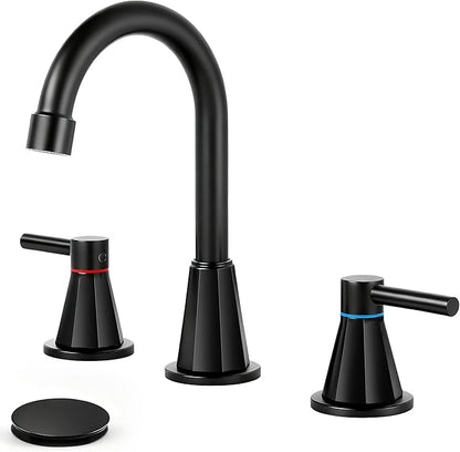 Bathroom Faucet 3 Hole,Mater Black Bathroom Sink Faucet with 360°Swivel Spout, 8 inch Widespread 2 Handle Faucet for Bathroom Sink Vanity RV with Pop-up Drain Supply Line Stainless Steel