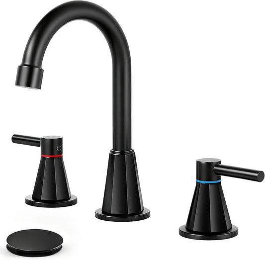 Bathroom Faucet 3 Hole,Mater Black Bathroom Sink Faucet with 360°Swivel Spout, 8 inch Widespread 2 Handle Faucet for Bathroom Sink Vanity RV with Pop-up Drain Supply Line Stainless Steel