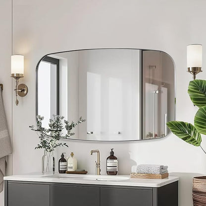 32x48 Chrome Bathroom Mirror, Oblong Silver Mirror with Stainless Steel Metal Frame, Oval Vanity Mirror for Over Sink, Modern Anti Rust Wall Mounted