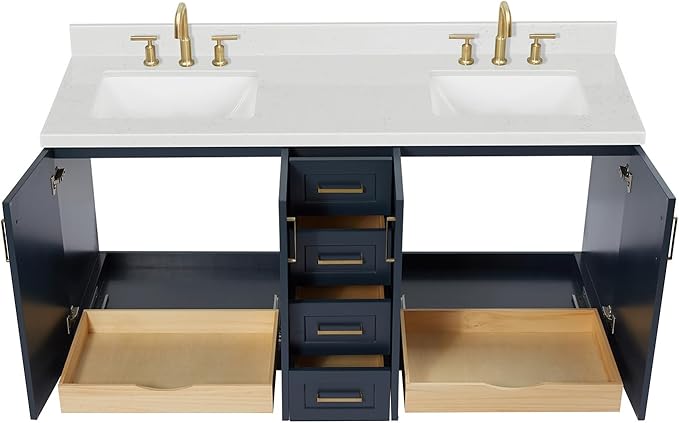DKB Emilia 72 Inch Bathroom Vanity Double Sink — Midnight Blue Bathroom Vanity with Sink, 1.5" Edge Carrara White Quartz Countertop & Backsplash, 4 Soft-Close Doors, and 6 Dovetail Drawers