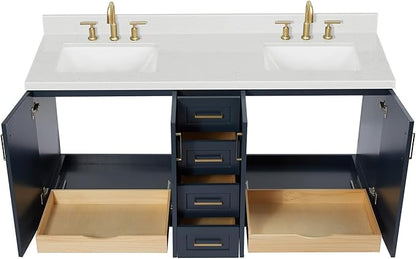 DKB Emilia 72 Inch Bathroom Vanity Double Sink — Midnight Blue Bathroom Vanity with Sink, 1.5" Edge Carrara White Quartz Countertop & Backsplash, 4 Soft-Close Doors, and 6 Dovetail Drawers
