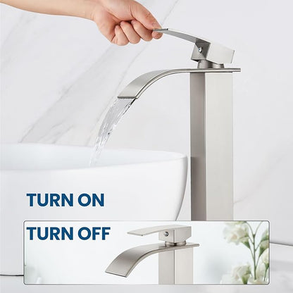 Airuida Vessel Sink Faucet Brushed Nickel, Tall Waterfall Bathroom Single Handle Single Hole, Deck Mount Mixer Tap with Large Rectangular Vessel Faucet Lavatory Vanity