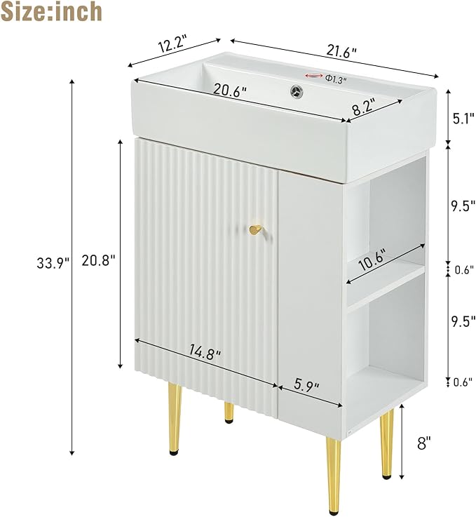 21.6 in Small Bathroom Vanity with Sink,Doors and Storage Shelves,Wood Modern Single Fluted Bathroom Sink Cabinet Freestanding (White,Right Shelf)