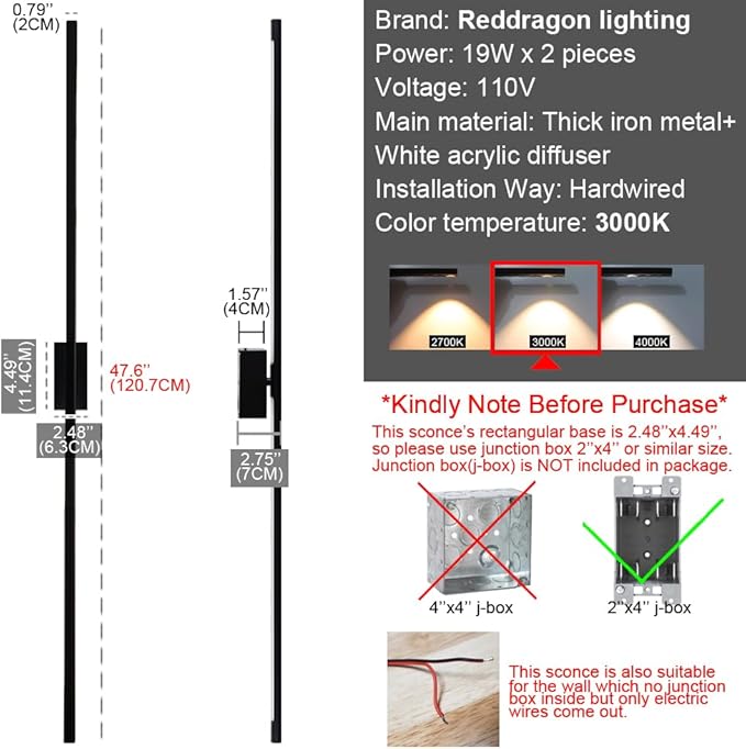 Only Suitable for Small Junction Box Set of 2 Minimalist Long Tube Linear LED Wall Sconce Hardwired 48 Inch Vanity Wall Light for Living Room Corridor Bathroom Bedroom (2 Pack, 48'', Black, Dimmable)