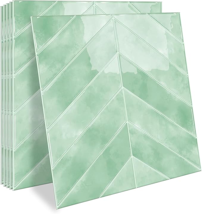 MORCART 10PCS 11.8"x11.8" Herringbone Peel and Stick Backsplash | Light Green, 3D Adhesive Waterproof Wall Tiles for Kitchen, Bathroom, Living Room, Laundry Room, Subway Tiles