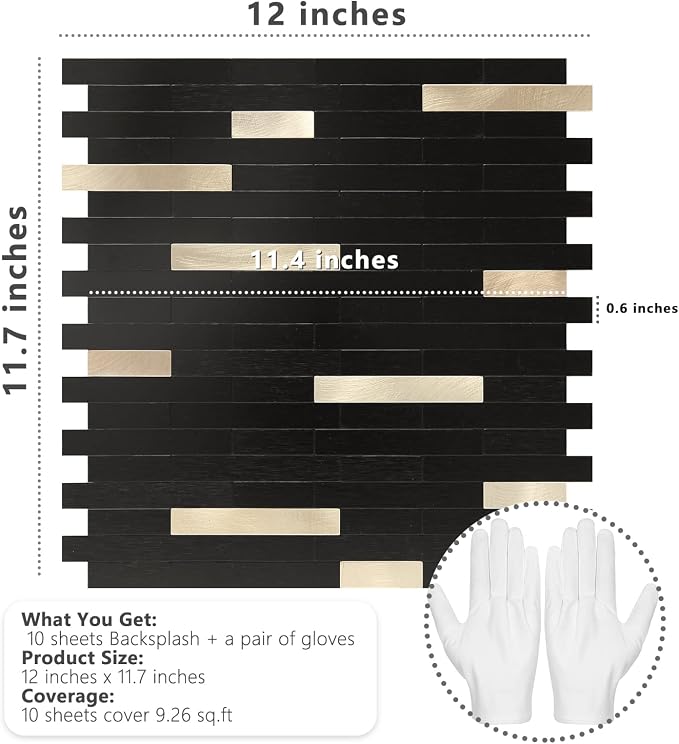 STICKGOO Peel and Stick Backsplash Tile, Stick on Backsplash for Kitchen and Bathroom, Black Mixed Gold Metal Composite Self Adhesive Wall Tiles(10 Sheets)