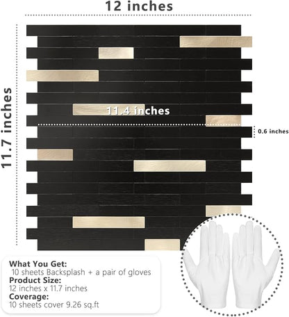 STICKGOO Peel and Stick Backsplash Tile, Stick on Backsplash for Kitchen and Bathroom, Black Mixed Gold Metal Composite Self Adhesive Wall Tiles(10 Sheets)