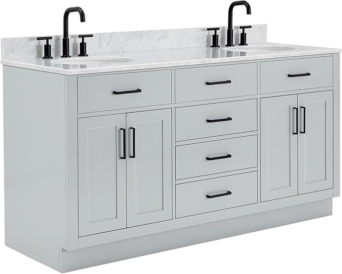 ARIEL Hepburn 66-inch Bathroom Vanity with Sink,Solid Wood, 0.75-inch Italian Carrara Marble Countertop & Backsplash, Double Oval Porcelain Sink, 4 Soft Closing Doors, 6 Dovetail Drawers, Grey