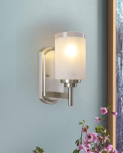 Sconces Wall Lighting Set of Two, Bathrooom Glass Vanity Light | Brushed Nickel Finish, 2 Pack, Frosted Glass Shade, Modern Wall Light Fixtures, For Porch Bedroom Hallway Living Room