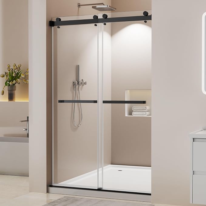 Frameless Stainless Steel Sliding Shower Door, 44-48" W x 76" H - 1/4” (6mm) Thick Tempered Glass Rust-Proof Glass Shower Door with Dual Tracks in Matte Black