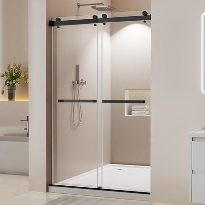 Frameless Stainless Steel Sliding Shower Door, 44-48" W x 76" H - 1/4” (6mm) Thick Tempered Glass Rust-Proof Glass Shower Door with Dual Tracks in Matte Black