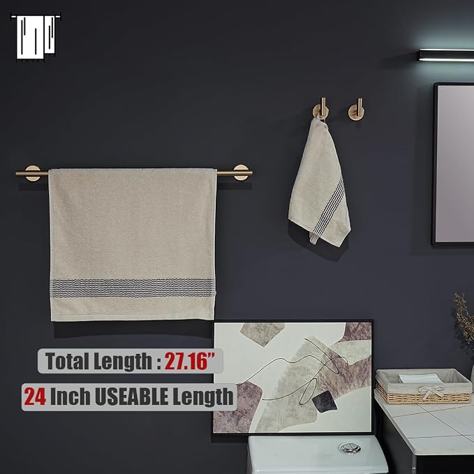 JQK Bathroom Hardware Set Champagne Bronze, 5-Piece Bath Accessories Set Wall Mount Includes 24 in Towel Bar, 7 in Towel Ring, Toilet Paper Holder, 2 Towel Hooks, BAS165-CB
