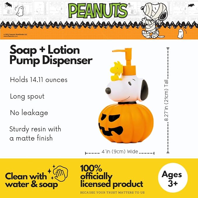 Peanuts Snoopy Soap/Lotion/Hand Sanitizer Resin Pump Dispenser, 10.01 Ounces, Halloween, (Officially Licensed Product) by Franco