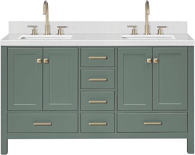 ARIEL Cambridge 60 Inch Double Rectangle Sink Bathroom Vanity with Carrara White Quartz Countertop 1.5 Inch in Vintage Green