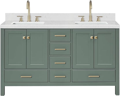 ARIEL Cambridge 60 Inch Double Rectangle Sink Bathroom Vanity with Carrara White Quartz Countertop 1.5 Inch in Vintage Green