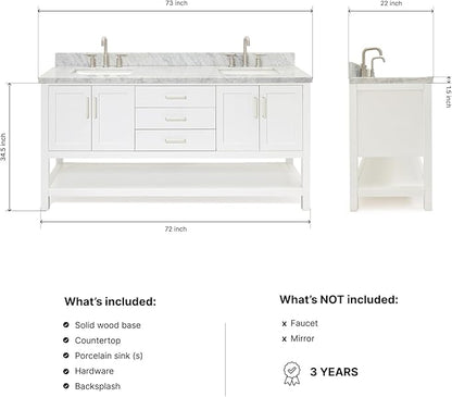 DKB Olivia 72-Inch White Double Bathroom Vanity, 1.5-Inch Edge Italian Carrara Marble Countertop & Splash, Rectangular Sinks, 4 Soft Closing Doors, 3 Dovetail Drawers, Open Shelf, Brushed Nickel