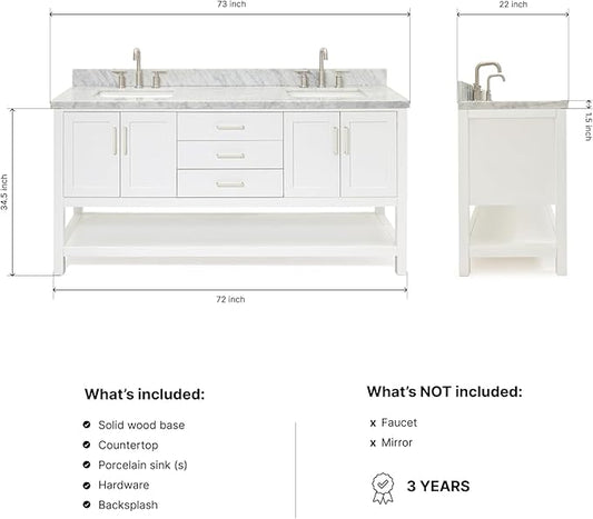 ARIEL Magnolia 72-inch Bathroom Vanity with Sink,Solid Wood, 1.5-inch Italian Carrara Marble Countertop, Double Rectangular Porcelain Sink, 4 Soft Closing Doors, 3 Dovetail Drawers, White