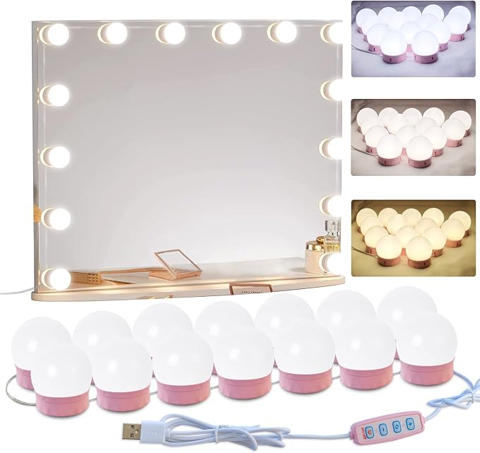 LED Vanity Mirror Lights,Hollywood Style,14 Bulbs Makeup Light | Stick On for Dresser Mirror,3 Color Lighting & Dimmable,Bright,No Drill,Power Off Memory,High CRI Shadow-Free,USB 5V,Pink
