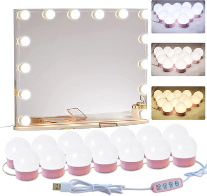 LED Vanity Mirror Lights,Hollywood Style,14 Bulbs Makeup Light | Stick On for Dresser Mirror,3 Color Lighting & Dimmable,Bright,No Drill,Power Off Memory,High CRI Shadow-Free,USB 5V,Pink