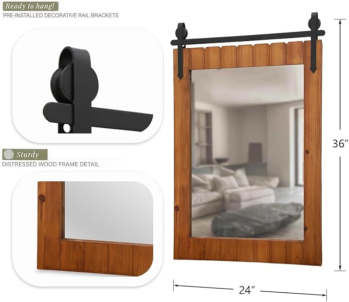 Besdomus Bathroom Rustic Large Mirror: 24"x36" Brown Barn Door Solid Cedar Wood Frame Vanity Mirror - Farmhouse Wall Mounted Mirror for Hallway/Living Room/Bathroom - Home Decor for Fashion-Conscious