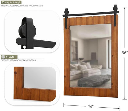 Besdomus Bathroom Rustic Large Mirror: 24"x36" Brown Barn Door Solid Cedar Wood Frame Vanity Mirror - Farmhouse Wall Mounted Mirror for Hallway/Living Room/Bathroom - Home Decor for Fashion-Conscious