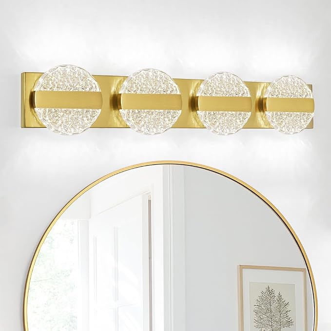 Luxury Brushed Gold Bathroom Vanity Light with High CRI 90+ LED for True Colors, 20W 6000K Cool White Modern Bathroom Lights Fixture Over Mirror for Makeup & Shaving