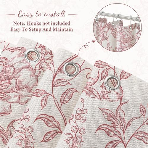 Pink Boho Linen Fabric Shower Curtain , Farmhouse Floral For Bathroom