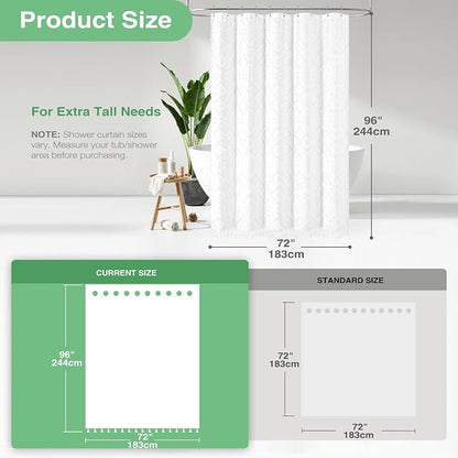 Extra Long Boho Shower Curtain Tufted Geometric 72"x96" White | 96 Inch Tall, Elegant Tassel, Lightweight Textured Fabric, Water Repellent, Washable, Hotel Spa, for Bathroom/Dorm 12 Hooks