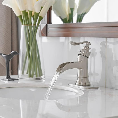 BWE Brass Brushed Nickel Waterfall Sink Faucet, Classic & Modern (No Drain) | Wide Waterfall Spout, Ceramic Cartridge, Fits 1 or 3-Hole Sink, Single Handle, Easy Install, Corrosion Resistance