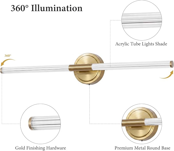 URSOLA 32" Modern LED Bathroom Light Fixtures, Golden 3CCT Dimmable Bathroom Vanity Light Over Mirror, Bathroom Vanity Bath Bar Lights with 360° Removable Acrylic Light Tube