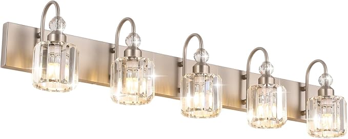 Ralbay Crystal Bathroom Vanity Light Brushed Nickel Modern 5 Light Bathroom Wall Lighting Fixtures Over Mirror