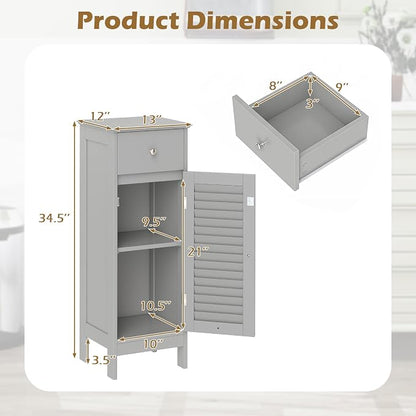 GIANTEX Bathroom Floor Storage Cabinet with Door and Drawer, Grey | Freestanding Side Cabinet with 3-Height Adjustable Shelf, Slim Cupboard, Storage Organizer Cabinet for Bedroom Living Room