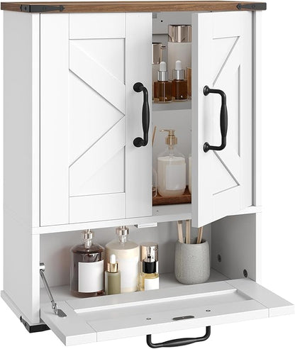 HOOBRO Farmhouse Wall Mounted Cabinet with Adjustable Shelf, Medicine Cabinet with Flip-Down Door, Over The Toilet Bathroom Organizer, for Small Bathroom, Kitchen, White and Walnut