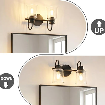 2 Lights Bathroom Light Fixtures Modern Black Vanity Lights | ETL Certificate, Easy to Install,Wall Mount Up or Down,Thickened Glass Lampshade,E26 Socket,Hardwired