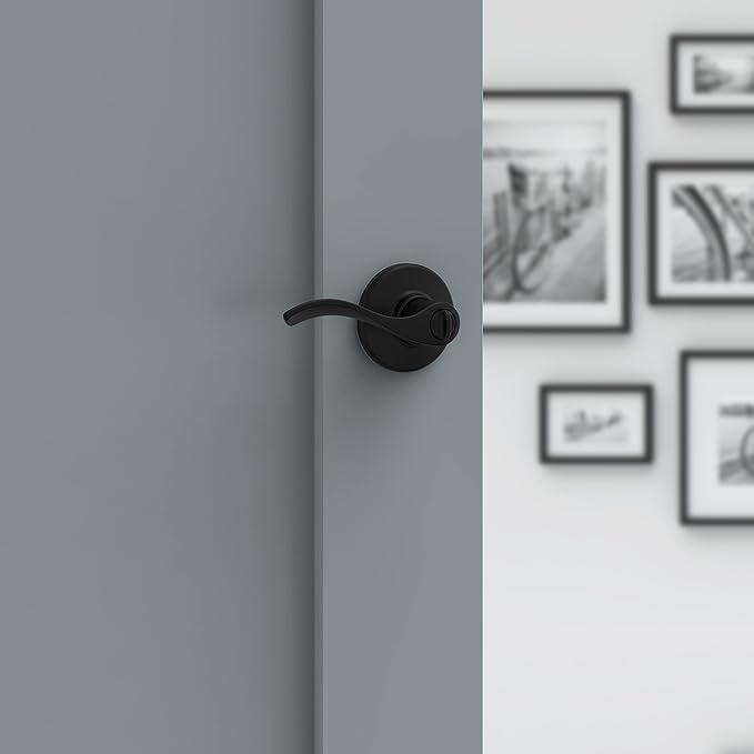 Kwikset Balboa Interior Privacy Door Handle with Lock, Door Lever For Bathroom and Bedroom, Matte Black Reversible Keyless Turn Lock