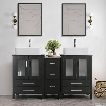 60" Double Vanity (2 * 24" Vanity,2* Porcelain Vessel Basin Sink,1 * 12" Side Cabinets),Double Bathroom Vanity Top with Porcelain White Sink, Faucet Drain Parts Include,Mirror Not Included