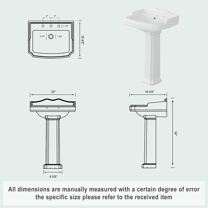 Bathroom Pedestal Sinks,Pedestal Sink 23" W X 19" D Vintage White Ceramic Pedestal Bathroom Sink With Overflow and 3 Pre-Drilled Holes - Fits 8-Inch Faucets