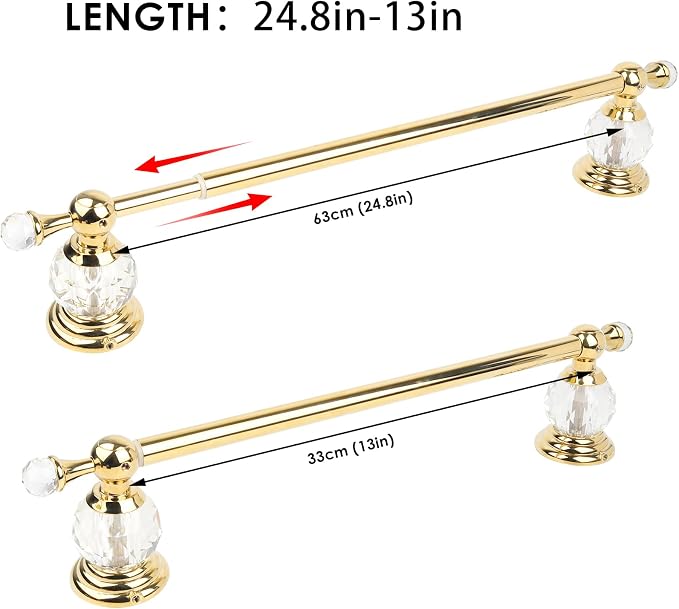 Wall Mounted Polished Gold Towel Bar,Crystal Towel Holder Adjustable Towel Rack Expandable Rail Bathroom Accessories