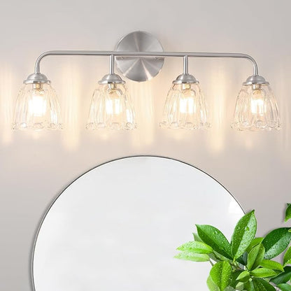 Vintage 4-Light Brushed Nickel Bathroom Light Fixtures, Elegant Bathroom Vanity Lights Over Mirror, Vanity Lighting with Clear Shade, Art Deco Wall Sconce Lighting for Bedroom