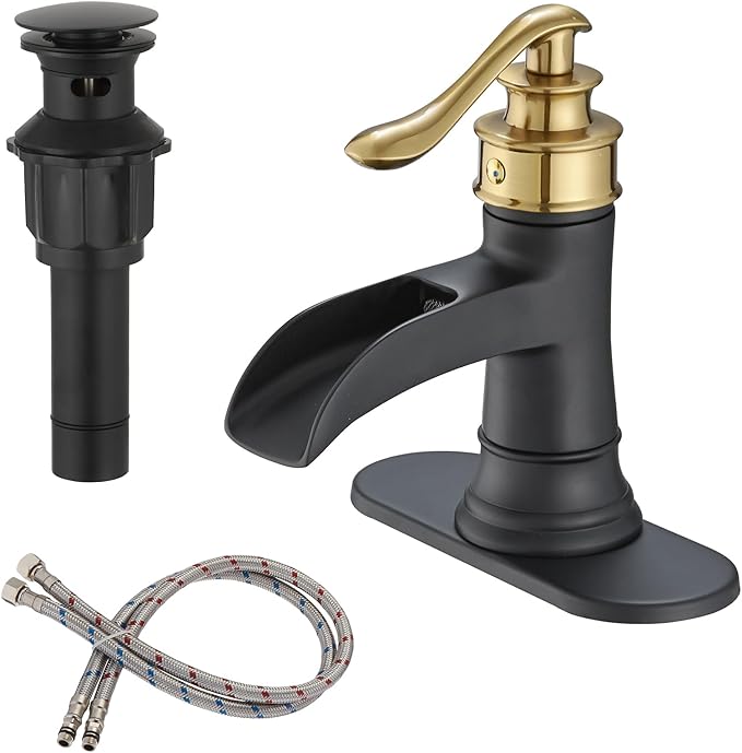BWE Bathroom Sink Faucet Gold with Matte Black Waterfall Farmhouse Vanity Lavatory Single Hole Faucets One Handle Bath Antique Mixer with Water Supply Line