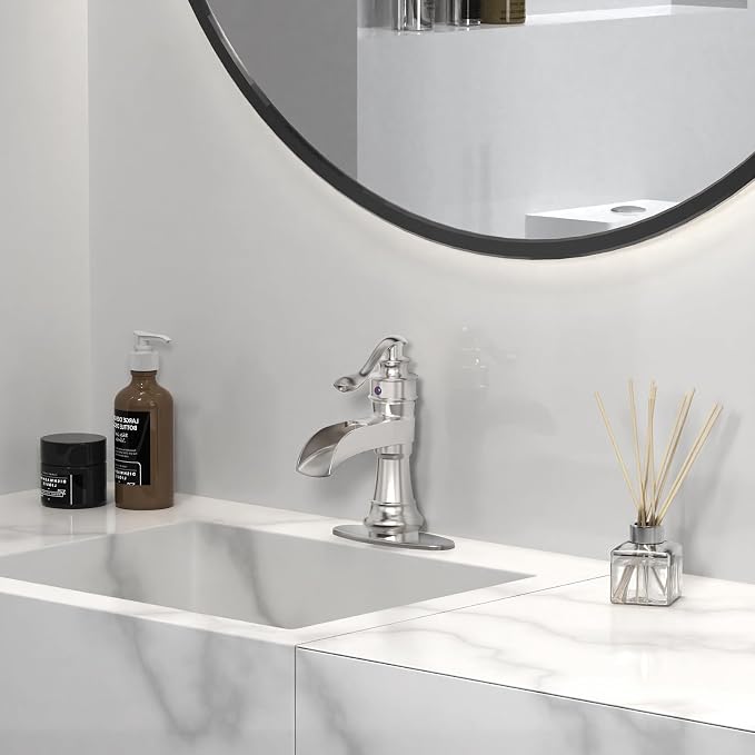 Brushed Nickel Bathroom Faucet Waterfall Single Hole Bathroom Sink Faucet | Brass Single Handle 1 Hole Farmhouse Faucets Lavatory Vanity with Overflow Pop Up Drain Parts by BATHLAVISH