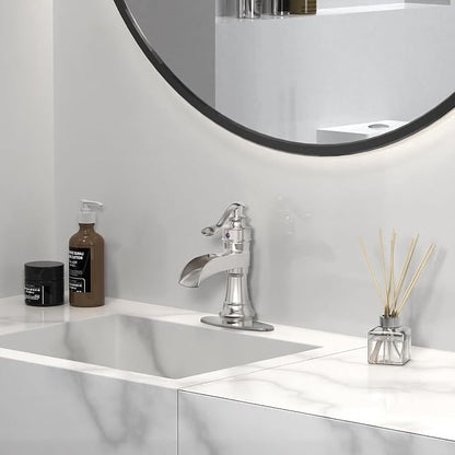 Brushed Nickel Bathroom Faucet Waterfall Single Hole Bathroom Sink Faucet | Brass Single Handle 1 Hole Farmhouse Faucets Lavatory Vanity with Overflow Pop Up Drain Parts by BATHLAVISH
