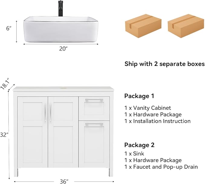 YOURLITE 36" Bathroom Vanity with Sink Combo,White Bathroom Vanity and Sink Combo with Faucet & Pop Up Drain Set,Traditional Vanity with White Ceramic Sink Bathroom Sink