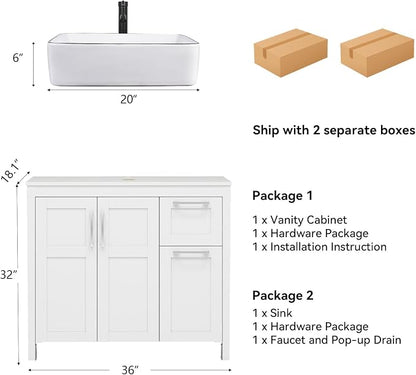 YOURLITE 36" Bathroom Vanity with Sink Combo,White Bathroom Vanity and Sink Combo with Faucet & Pop Up Drain Set,Traditional Vanity with White Ceramic Sink Bathroom Sink