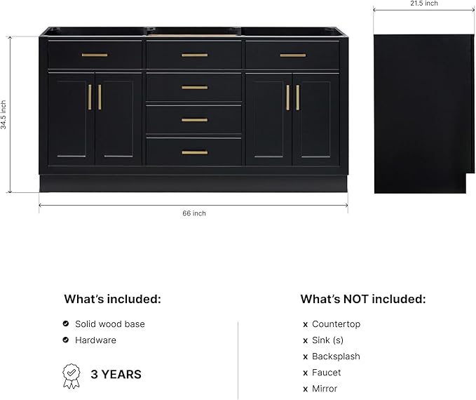 ARIEL Hepburn 66-inch Bathroom Vanity Base Cabinet,Solid Wood, 4 Soft Closing Doors, 6 Dovetail Drawers, Black