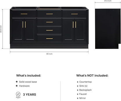 ARIEL Hepburn 66-inch Bathroom Vanity Base Cabinet,Solid Wood, 4 Soft Closing Doors, 6 Dovetail Drawers, Black