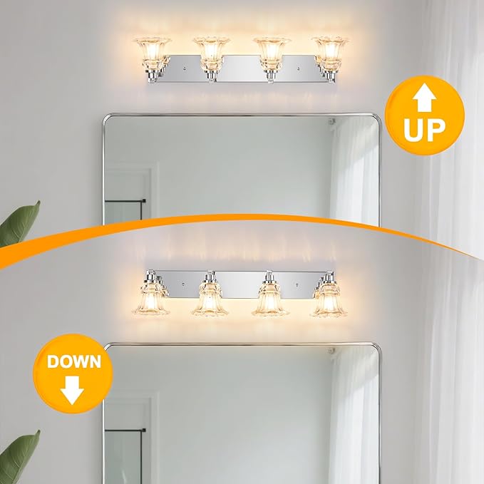 Vintage 4-Light Bathroom Vanity Light, Chrome Bathroom Light Fixtures with Floral Clear Glass Shades, Antique Wall Sconce Fixtures for Dressing Table, Bedroom