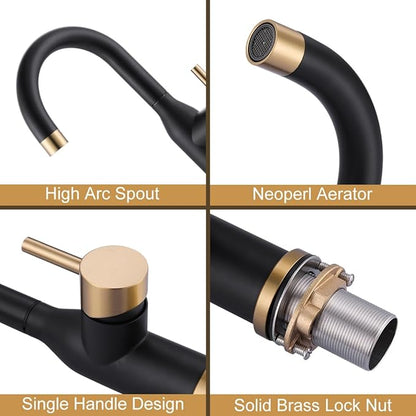 WOWOW Black and Gold Modern Single Handle Bar Faucet, 1 Hole, 360 Swivel, RV Sink Faucet, Mini Bar Tap with Water Supply Hoses