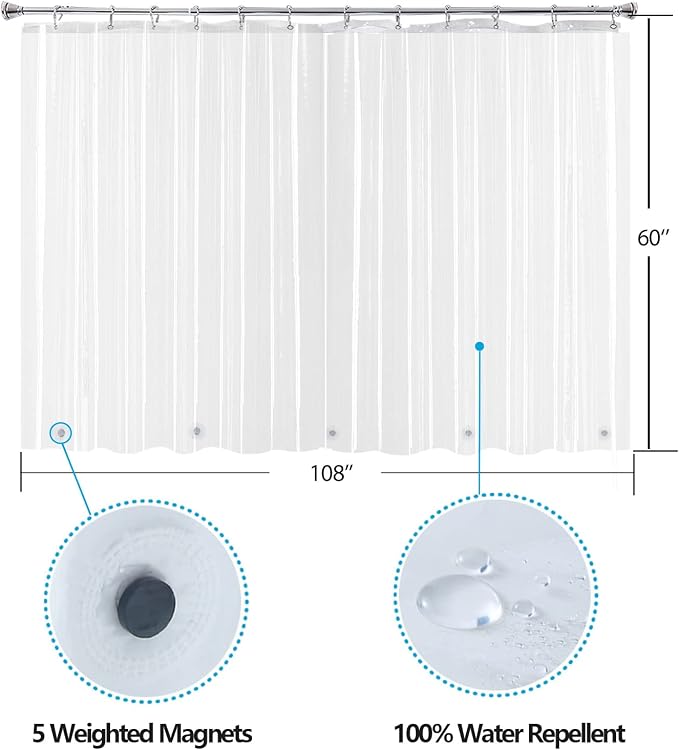 Clear Clawfoot Tub Shower Curtain Liner, ExtraWide and Short 108x60 | Transparent Waterproof Peva Plastic Wrap Around Bathroom Shower Liner for Bathtub with 5 Magnets and S/Steel Hooks